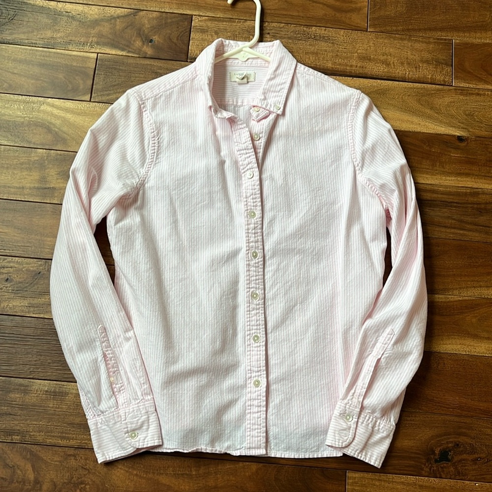 Lands End Canvas pink and white striped button do in VGUC